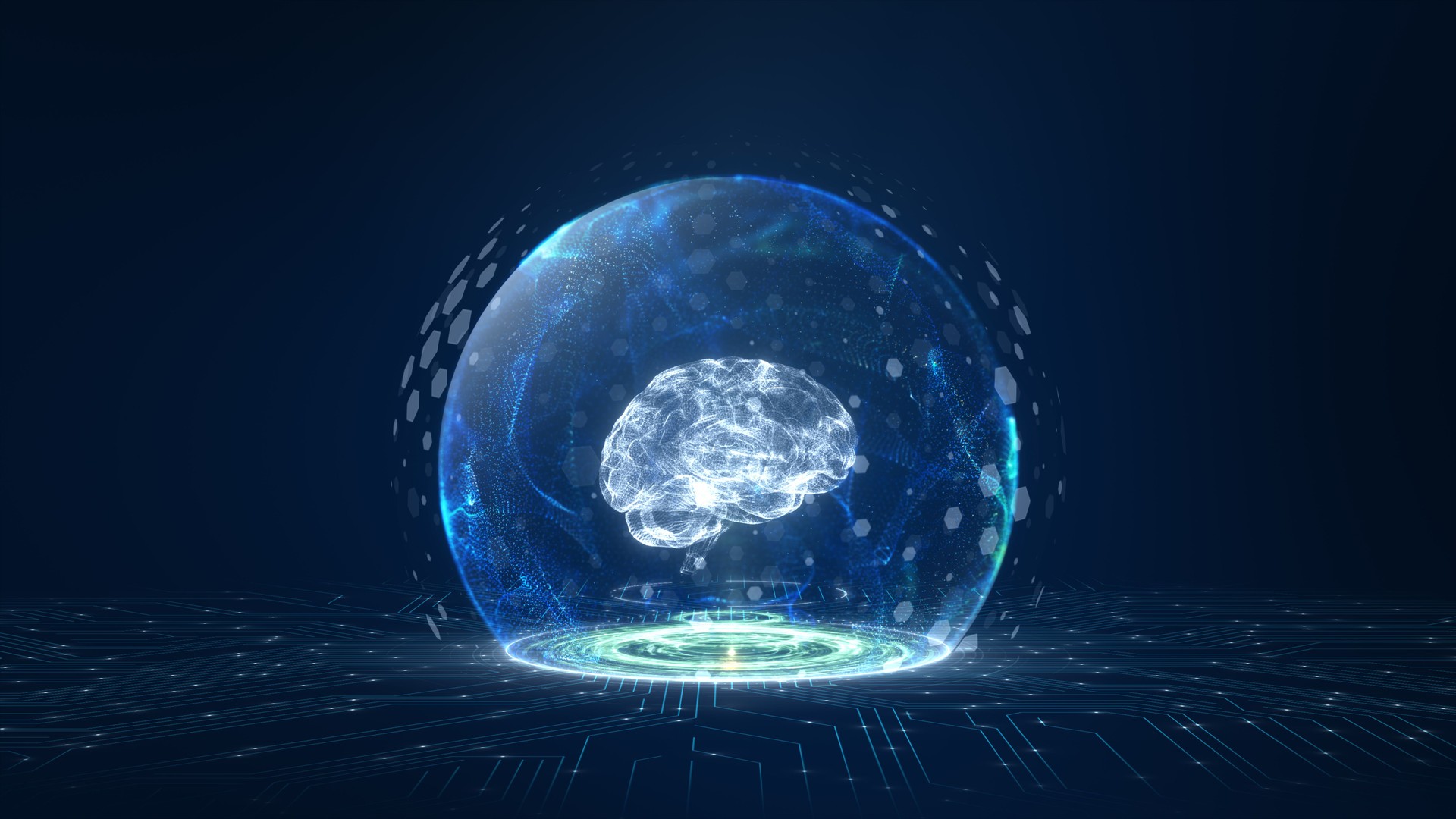 Futuristic Digital Brain Hologram in Virtual Reality Data Sphere
